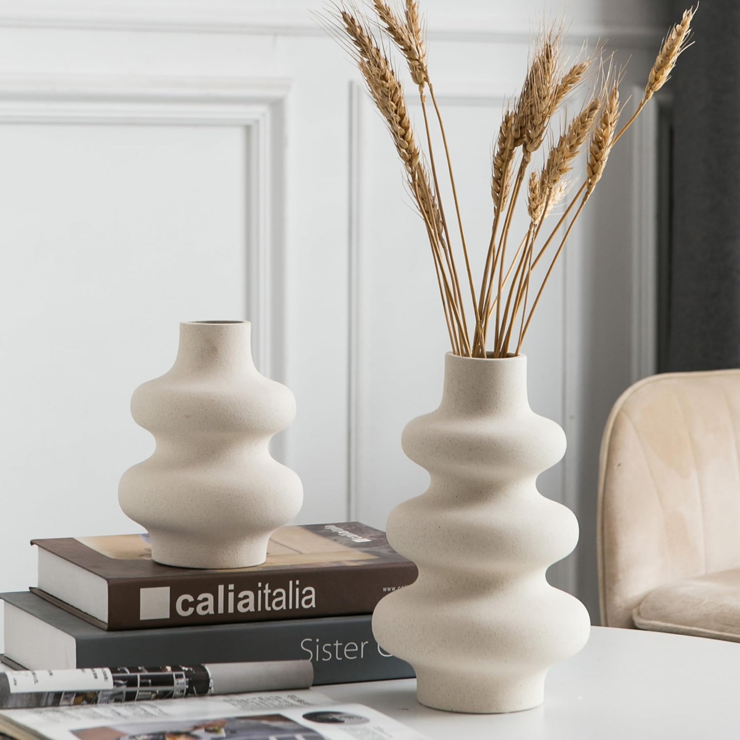 Mowtanco Ceramic Vase Set of 2 Off White Boho Vase for Modern Home Decor Round Vases for Dried Flower Pampas Grass Pottery Vases for Office Centerpieces Wedding Dinner Table