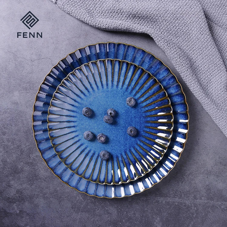 FENN Luxury 10 Inch Flambed Glaze Ceramic Plate Set of 6 Round Curve Unique Ceramic Dinner Plate for Wedding Dining