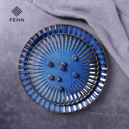 FENN Luxury 10 Inch Flambed Glaze Ceramic Plate Set of 6 Round Curve Unique Ceramic Dinner Plate for Wedding Dining
