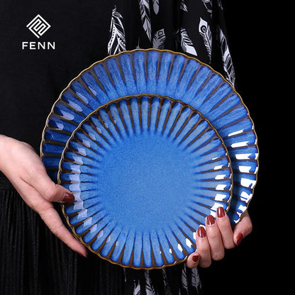 FENN Luxury 10 Inch Flambed Glaze Ceramic Plate Set of 6 Round Curve Unique Ceramic Dinner Plate for Wedding Dining