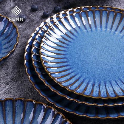 FENN Luxury 10 Inch Flambed Glaze Ceramic Plate Set of 6 Round Curve Unique Ceramic Dinner Plate for Wedding Dining