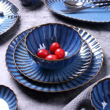 FENN Luxury 10 Inch Flambed Glaze Ceramic Plate Set of 6 Round Curve Unique Ceramic Dinner Plate for Wedding Dining