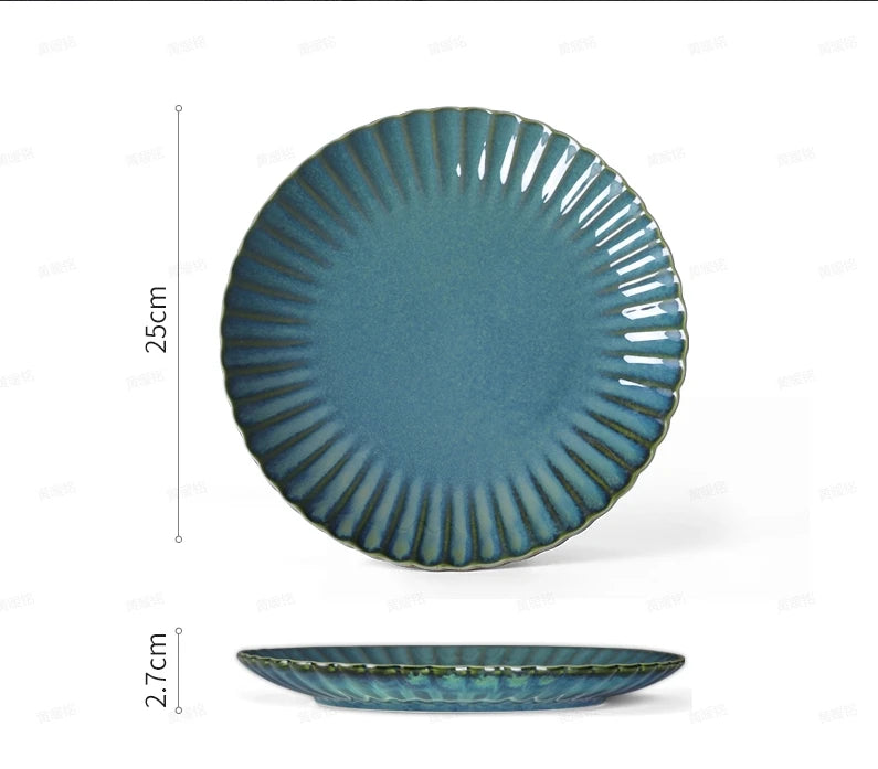 FENN Luxury 10 Inch Flambed Glaze Ceramic Plate Set of 6 Round Curve Unique Ceramic Dinner Plate for Wedding Dining