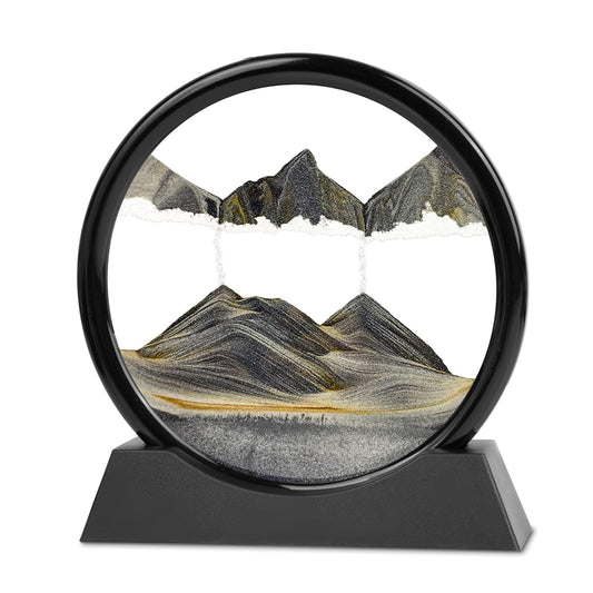 Moving Sand Art 3D Liquid Motion Deep Sea Sandscape Color Quicksand Decor Round Glass Flowing Circle Sand Art Sandscapes Picture Relaxing Desktop Home Office Work Decor 7 inch Black