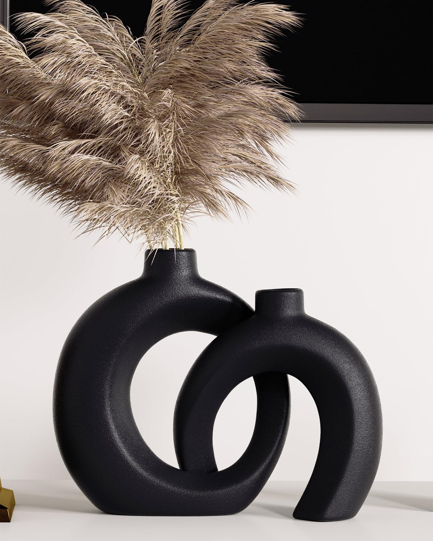 Black Vase Set of 2 - Snuggle Hollow Donut Aesthetic Ceramic Vases Home Decor Modern Nordic Minimalist Decorative Vase for Table Centerpiece Bookshelf Office Entryway Console Fireplace (Matte Black)