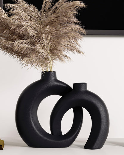Black Vase Set of 2 - Snuggle Hollow Donut Aesthetic Ceramic Vases Home Decor Modern Nordic Minimalist Decorative Vase for Table Centerpiece Bookshelf Office Entryway Console Fireplace (Matte Black)